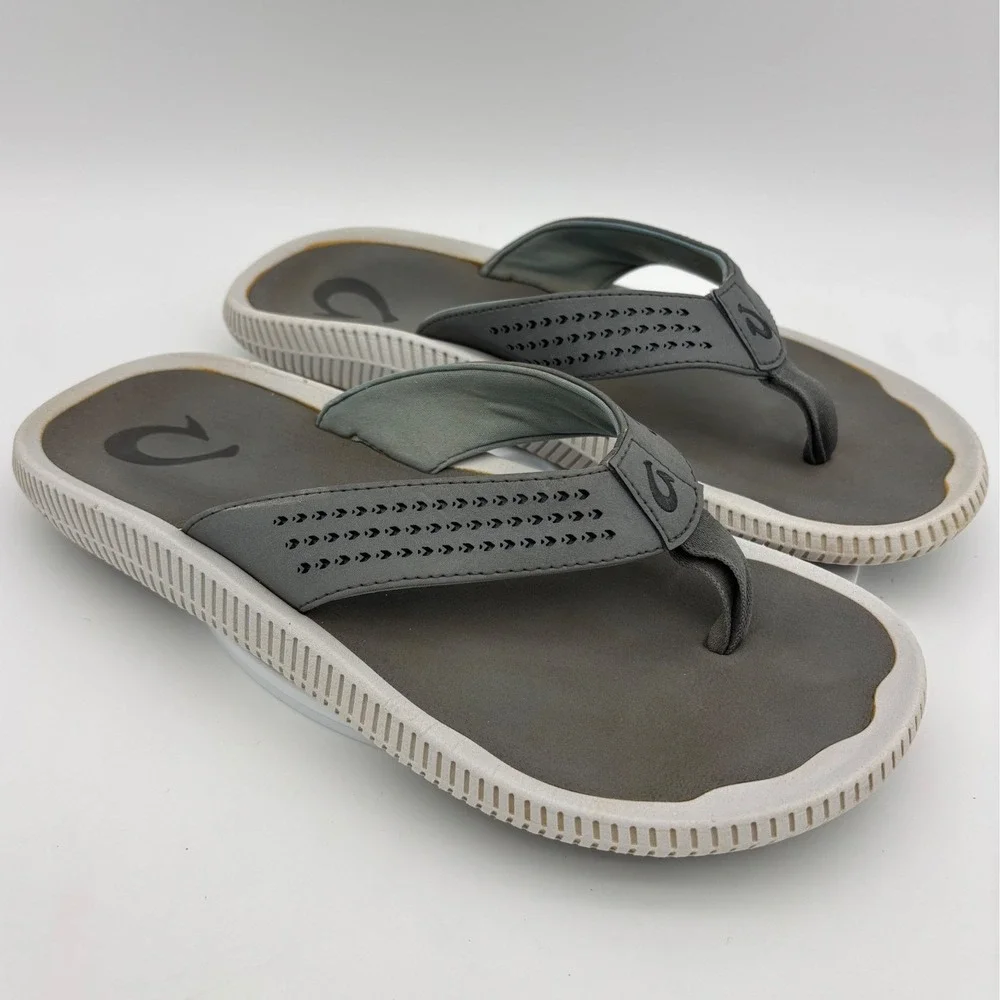 OLUKAI Ulele Mens Flip Flop Sandal Shoe Thong Gray White Grey Beach Stone 9